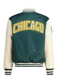 Green and cream varsity jacket featuring "CHICAGO" in bold yellow text. Ribbed cuffs and waistband. Smooth outer texture, relaxed fit.