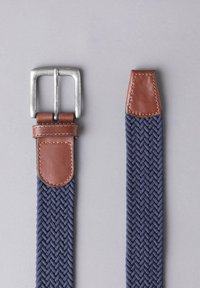 Navy woven belt with a silver metal buckle and brown leather accents at the ends and buckle attachment; textured weave pattern.