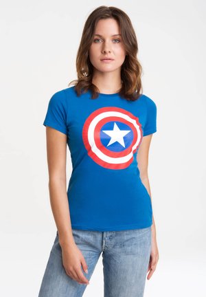 Blue cotton t-shirt featuring a large red and white circular graphic with a central white star. Fitted design and short sleeves.