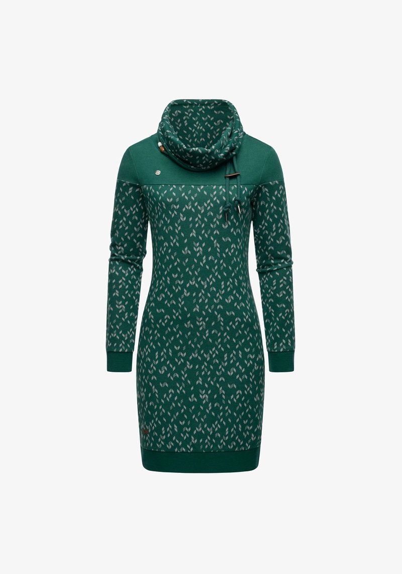 Mörkgrön klänning med en cowl-halsringning, långa ärmar och ett bladmönster. Har en solid övre del och manschetter, med dragsko-detalj.