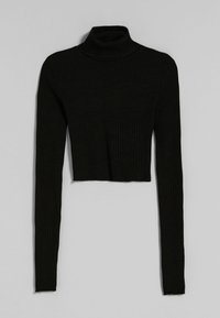Schwarzer, gerippter Rollkragenpullover mit langen Ärmeln und verkürztem Design. Aus weichem Stoff gefertigt, mit hohem Kragen und strukturiertem Finish.