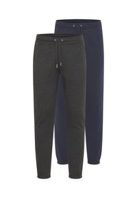 Twee paar joggingsbroeken; één in donkergrijs en de andere in marineblauw. Voorzien van elastische boorden en een trekkoord in de taille, gemaakt van zachte stof.