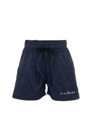 Costume da bagno blu navy con cintura elastica e coulisse nera, con logo "John Richmond" sulla gamba sinistra inferiore.