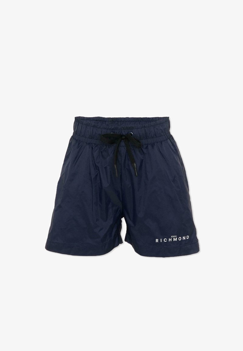 Shorts de bain bleu marine avec taille élastique et cordon noir, arborant le logo "John Richmond" sur la jambe inférieure gauche.