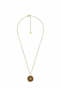 Collana d'oro con un pendant rotondo inciso con il simbolo della Vergine e stelle, sospesa a una delicata catena con chiusura.