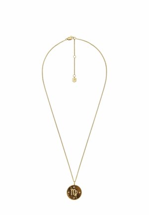 Collier en or avec un pendentif rond gravé du symbole de la Vierge et d'étoiles, suspendu à une chaîne délicate avec un fermoir.