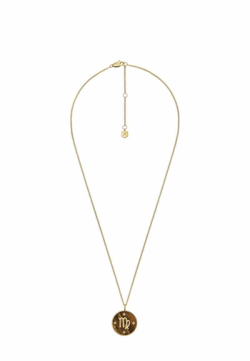 Collana d'oro con un pendant rotondo inciso con il simbolo della Vergine e stelle, sospesa a una delicata catena con chiusura.