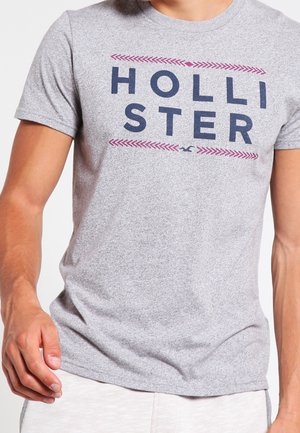 Man draagt lichtgrijs T-shirt met korte mouwen, met donkerblauwe tekst "HOLLISTER" en roze chevronlijnen boven en onder de tekst.
