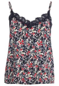 Kwiatowa bluzka na ramiączkach, wykonana z granatowego materiału, z koronkowym wykończeniem, regulowanymi ramiączkami i wielokolorowym wzorem kwiatowym w odcieniach czerwieni, bieli i zieleni.