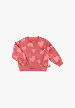 Felpa rosa a maniche lunghe per bambini con motivi a cuori rosa chiaro e una piccola toppa a forma di cuore rosso sul petto, polsini ed orlo elastici.