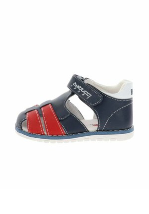 Sandalo in pelle per bambino blu navy e rosso con cinturino in velcro e design a punta aperta, con cuciture bianche e colletto imbottito bianco.