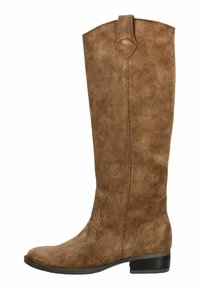 Stivale al ginocchio in suede marrone con punta arrotondata, superficie testurizzata, dettagli di cucitura sottili e tacco basso impilato.