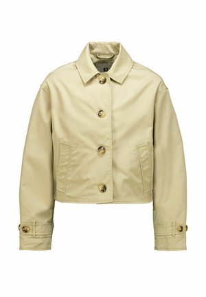 Beige kurze Jacke mit vier Vorderknöpfen, zwei Seitentaschen, geknöpften Manschetten und klassischem Kragen, dargestellt auf weißem Hintergrund.