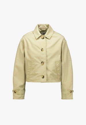 Beige cropped jacket with four front buttons, two side pockets, buttoned cuffs, and a classic collar, displayed on a white background.