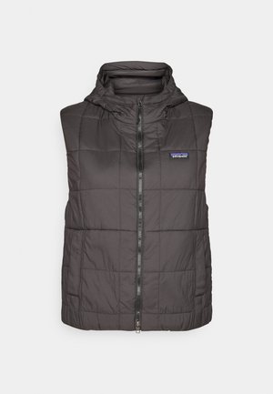 Sort quiltet puffer vest med lynlås foran, fast hætte og Patagonia-logo på venstre bryst. Har en glat tekstur og justerbar pasform.