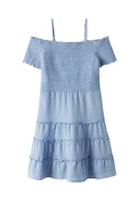 Svetlo modra obleka s dizajnom brez naramnic, smockanim bodicem, plastnatimi ruffles in teksturirano tkanino. Nastavljive naramnice.