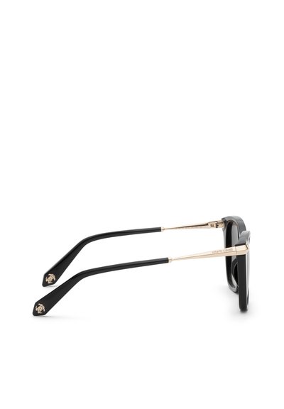 Lunettes de soleil noires avec branches en métal doré et détails du logo aux extrémités, avec "roberto cavalli" gravé sur les branches latérales.