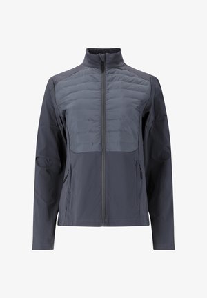 Graue Jacke mit hohem Kragen, gepolstertem Vorderteil, glattem Stoff, durchgehendem Reißverschluss und zwei Seitentaschen zur Aufbewahrung.