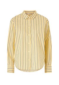 Chemise jaune boutonnée avec des rayures verticales bleu marine. Présente un col classique, des manches longues et un ourlet arrondi. Confectionnée dans un tissu lisse.