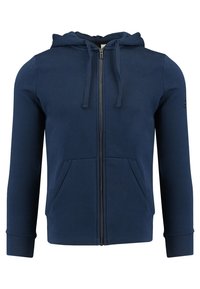 Sudadera con cremallera en azul marino, con capucha ajustable, dos bolsillos frontales y puños de canalé. Confeccionada en un material suave y liso.