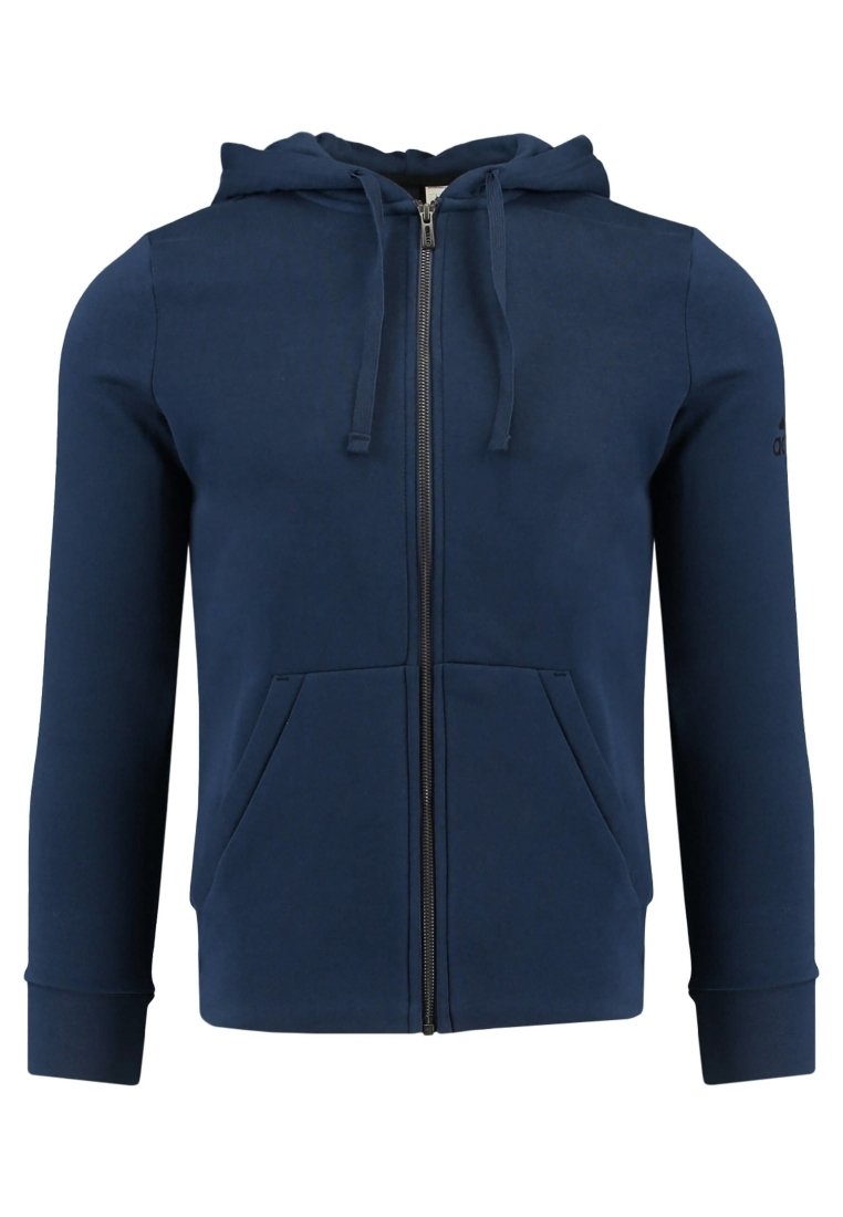 Sudadera con cremallera en azul marino, con capucha ajustable, dos bolsillos frontales y puños de canalé. Confeccionada en un material suave y liso.