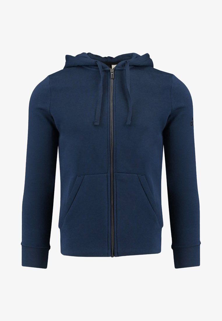 Sudadera con cremallera en azul marino, con capucha ajustable, dos bolsillos frontales y puños de canalé. Confeccionada en un material suave y liso.