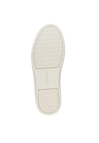 Witte rubberen schoenzool met een gestructureerde oppervlakte, voorzien van een zigzagpatroon en de merknaam "VIONIC" gedrukt nabij het hielgedeelte.