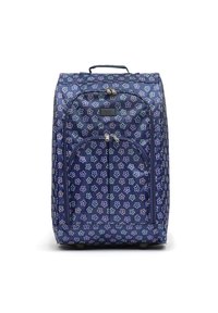 Navy blue wheeled backpack with floral pattern in pink and green. Features a top handle, front zippered pocket, and durable fabric.