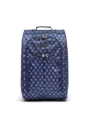 Navy blue wheeled backpack with floral pattern in pink and green. Features a top handle, front zippered pocket, and durable fabric.