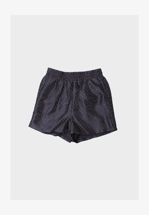 Marineblauwe satijnen korte broek met een elastische tailleband en kleine witte stippen. Heeft een ontspannen pasvorm en een gladde textuur.