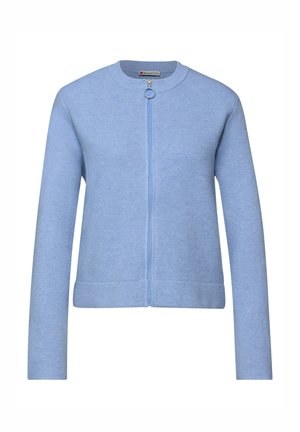 Cardigan zippé bleu clair en maille côtelée, doté d'un col rond et d'un curseur de fermeture éclair circulaire, avec des manches longues et une couleur unie.