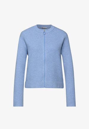 Lichtblauw vest met ritssluiting gemaakt van geribbeld breimateriaal, met een ronde halslijn en een ronde ritstrekker, lange mouwen en een effen kleur.