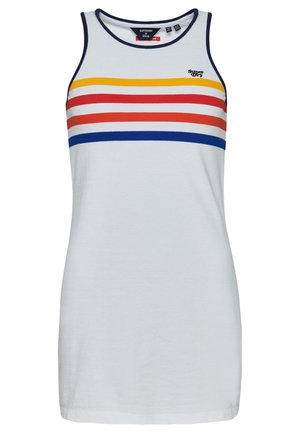 Hvid ærmeløs kjole med navy kant, med horisontale striber i gul, hvid, rød, orange og blå over brystet og Superdry logo.