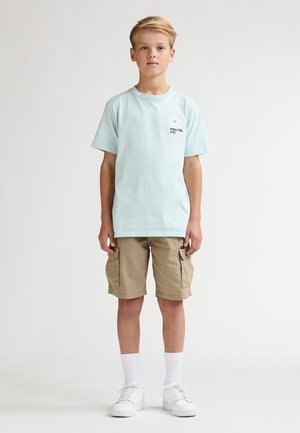 Camiseta de algodón azul claro con un pequeño gráfico en el pecho, combinada con pantalones cortos cargo color beige con bolsillos laterales. Zapatillas y calcetines blancos.