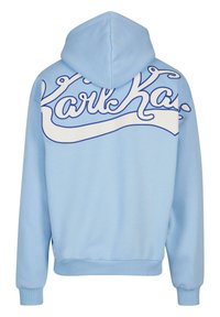 Light blue hooded sweatshirt features a white panel with embroidered blue "Karl Ka" text, with ribbed cuffs and hem for a structured fit.