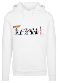 Sudadera blanca con una ilustración de Silvestre el Gato en varias poses. Incluye un bolsillo tipo canguro y puños de canalé.
