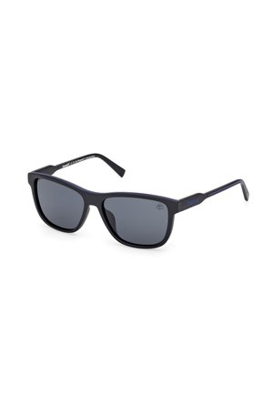 Schwarze rechteckige Sonnenbrillen mit dunklen Gläsern, matte Oberfläche, mit einem dezenten blauen Akzent entlang der Kanten des Rahmens.