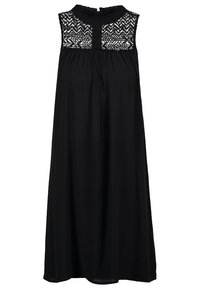 Czarna sukienka z misternymi białymi koronkowymi zdobieniami przy dekolcie. Luźny, bezrękawowy fason o swobodnym kroju. Miękka, lekka tkanina.