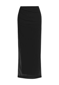 Jupe midi noire en tissu léger et extensible. Elle présente une taille drapée et une silhouette ajustée avec des panneaux en maille sur les côtés.