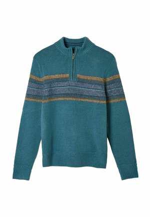 Teal Pullover mit geripptem Kragen und Reißverschluss. Verfügt über horizontale Streifen in Gold, Blau und Weiß. Weiche Textur, gestrickter Stoff.