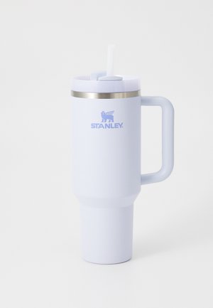 Insulated tumbler in light purple with a stainless steel band. Features a straw and a sturdy handle for easy grip. Logo displayed prominently.