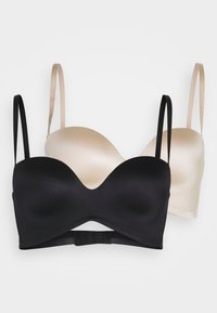 Two bras displayed together: one black and one nude. Both have smooth fabric, underwire, and adjustable straps. The backs feature hook closures.