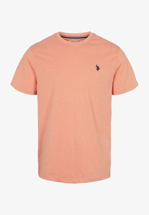 T-shirt semplice a maniche corte color salmone con un piccolo logo Polo Assn. scuro sul petto sinistro e scollo rotondo.