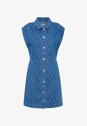 Denim jurk met een kraag, diamantpatroon textuur, cap mouwen en knoopsluiting aan de voorkant. Blauwe kleur, getailleerd bij de taille, knielang.