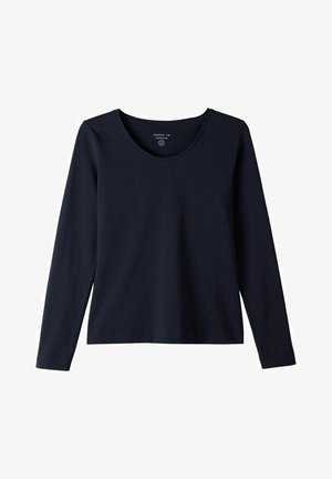 Marineblauwe langewaarm top gemaakt van zachte stof, met een ronde halslijn, een aansluitende pasvorm en minimale naden voor een nette uitstraling.