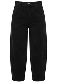 Pantaloni neri a vita alta con gamba larga in morbido cotone, con pieghe frontali e chiusura a bottone. Presentano passanti per la cintura e tasche laterali.