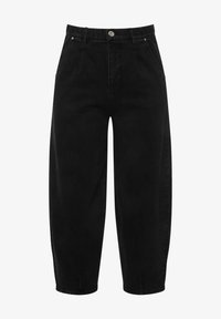 Pantalones de pierna ancha negros, de cintura alta, en suave tela de algodón con pliegues frontales y cierre de botón. Presenta trabillas para cinturón y bolsillos laterales.