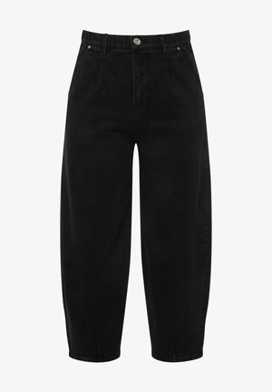 Schwarze, hoch-taillierte, weit geschnittene Hose aus weichem Baumwollstoff mit vorderen Falten und einem Knopfverschluss. Mit Gürtelschlaufen und Seitentaschen ausgestattet.