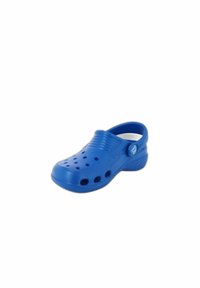 Blue plastic clog with a closed toe, open back, ventilation holes, textured strap, and a logo detail on the side. Lightweight design.