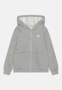 Ljusgrå zip-up hoodie med framfickor och Nike-logotyp på vänster bröst, med huva och ribbade mudd och nederkant.